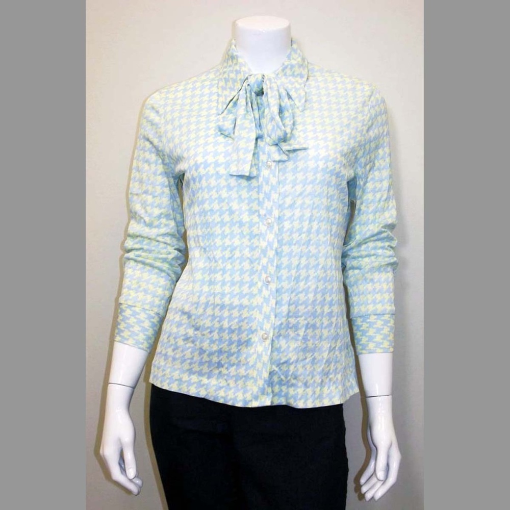 Vintage Yellow & Blue Tie Neck Blouse - With Tags!